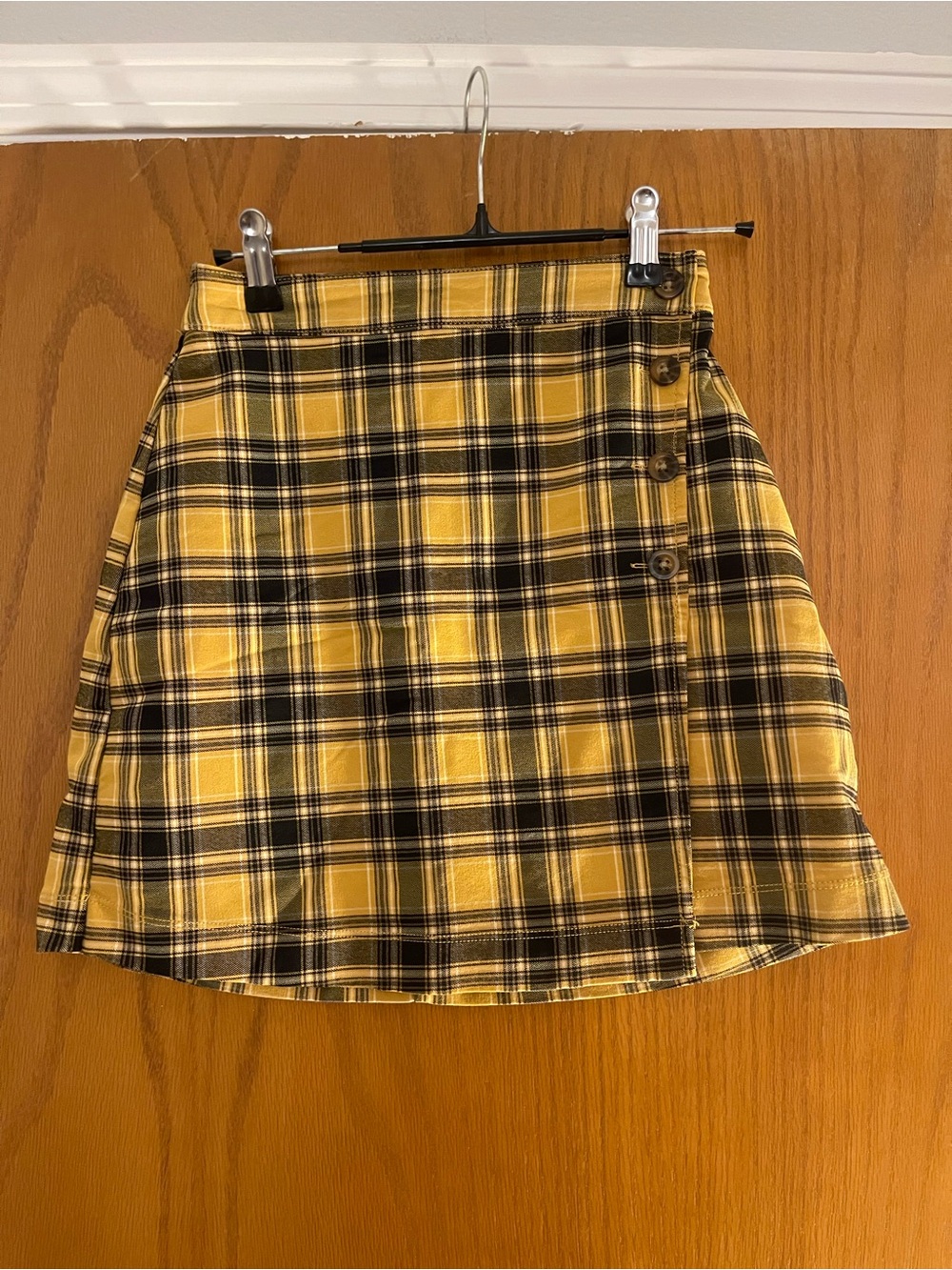 Hollister Yellow and Black Plaid Mini Skirt with Side Buttons